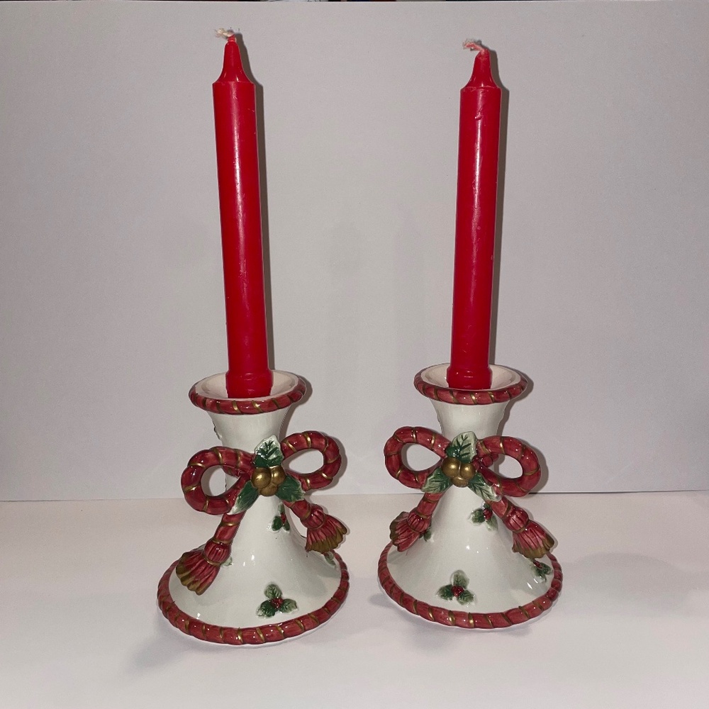 1990s Fitz & Floyd Christmas Bow Ceramic Candlestick Holder (without candles)